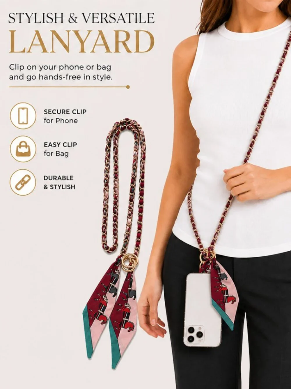 Ribbon Chain Phone Crossbody Lanyard with clear Tether Patch